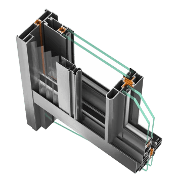 3D cutaway of an aluminum window frame showing multiple glass panes spacers and insulating layers