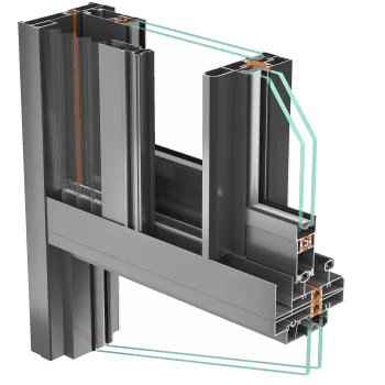 image Thermaline 3D cutaway of an aluminum window frame showing multiple chambers glazing and orange seals for insulation pass throughs