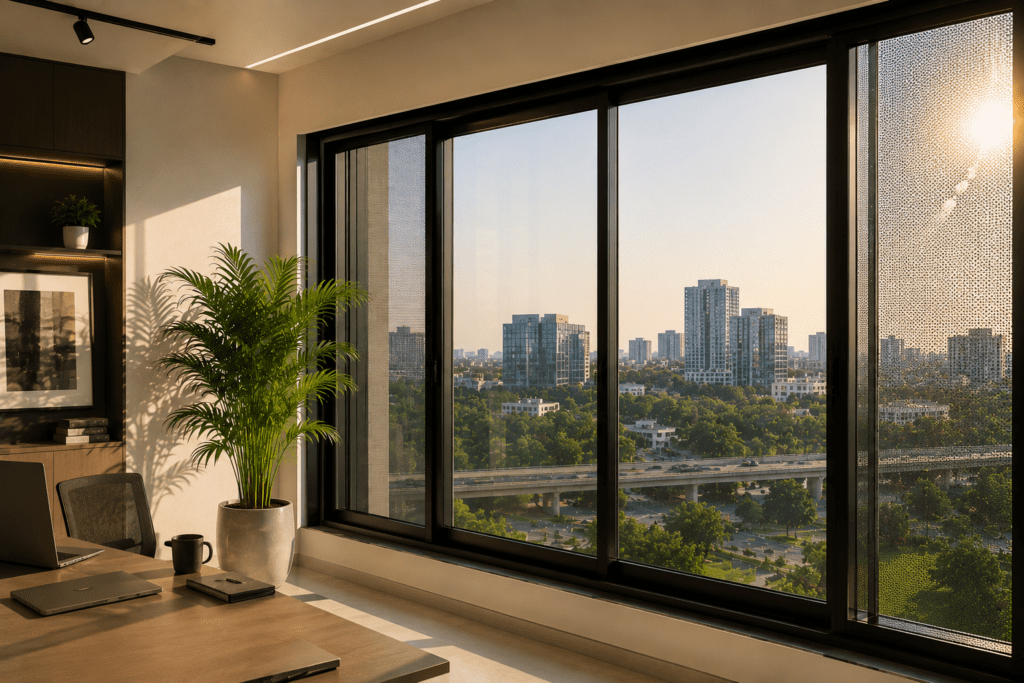 Office desk by a large window overlooking a city skyline at sunset; laptop, mug, notebook, and a potted plant.