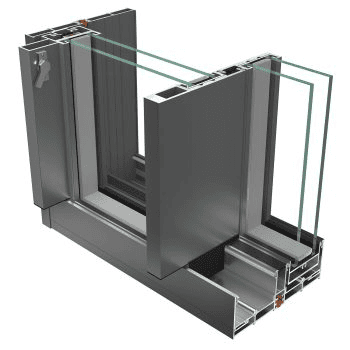 ClearView Minimal Sliding System Thermaline Crosssection of a thermal window frame showing a multichamber profile and triple glazing for insulation