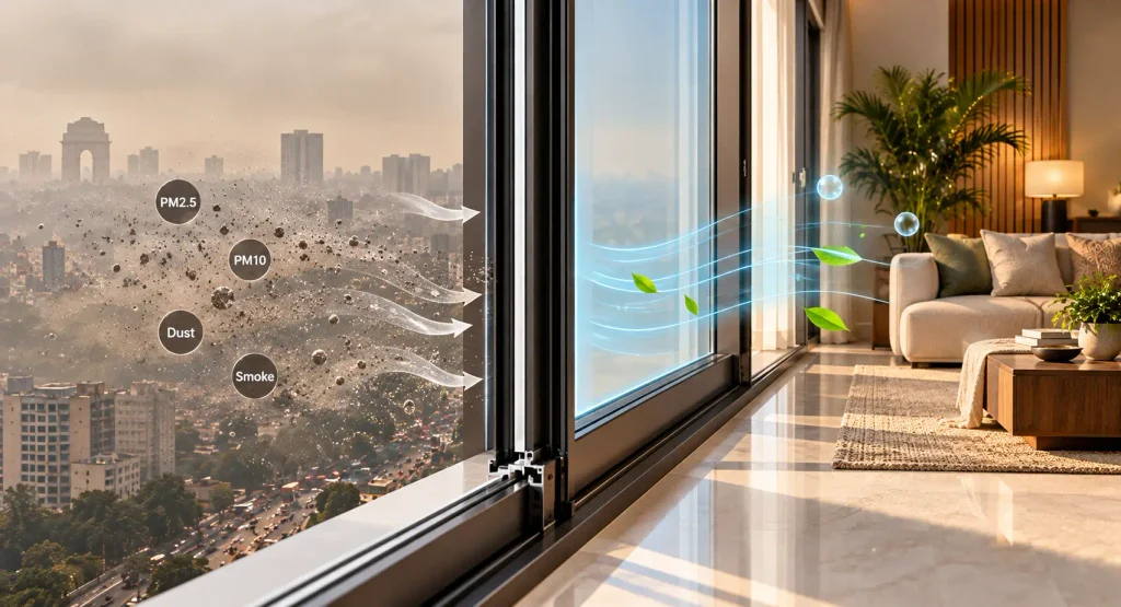 Delhi Air Pollution and Thermally Broken Aluminium Windows Thermaline Living room with large glass doors air filters block PM25 dust smoke flowing from city outside into the room