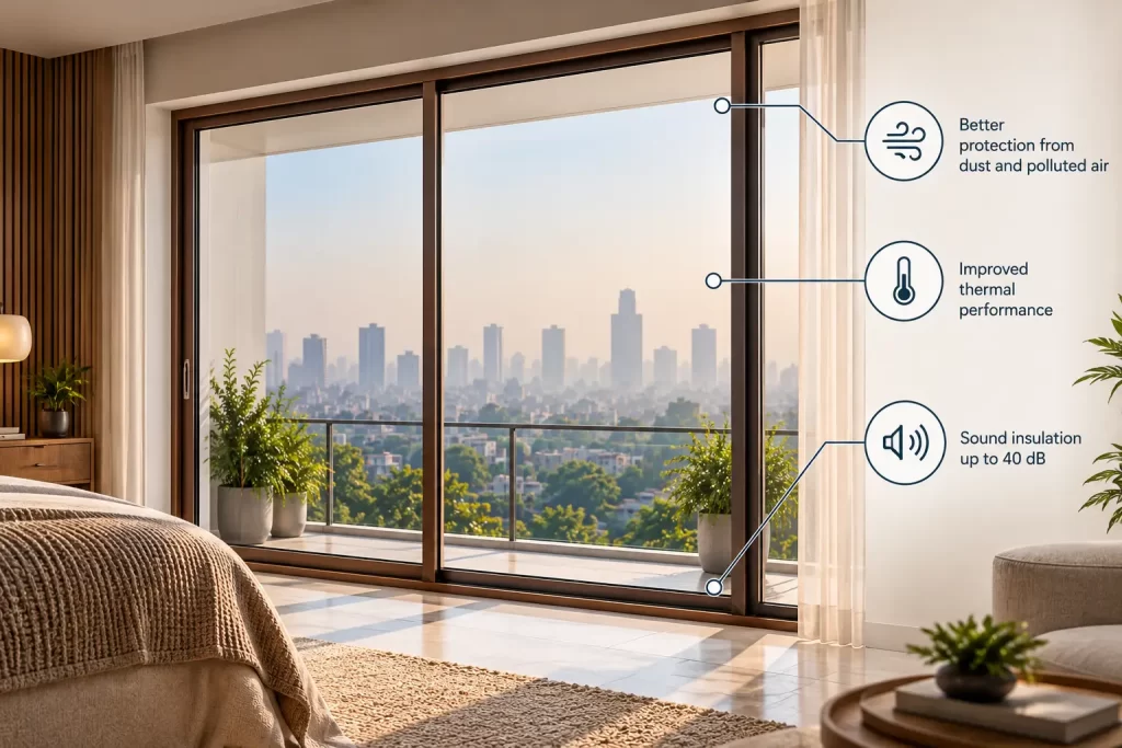 Thermally Broken Aluminium Windows for Indoor Comfort Thermaline Thermally broken aluminium sliding window in a modern bedroom overlooking a city skyline