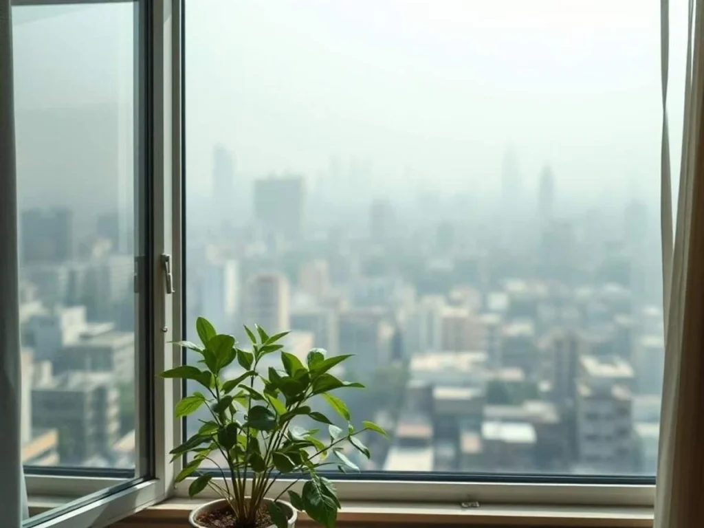 Aluminium Window and Delhi Winter Air Pollution Thermaline Open aluminium window overlooking a hazy city skyline during Delhi winter air pollution