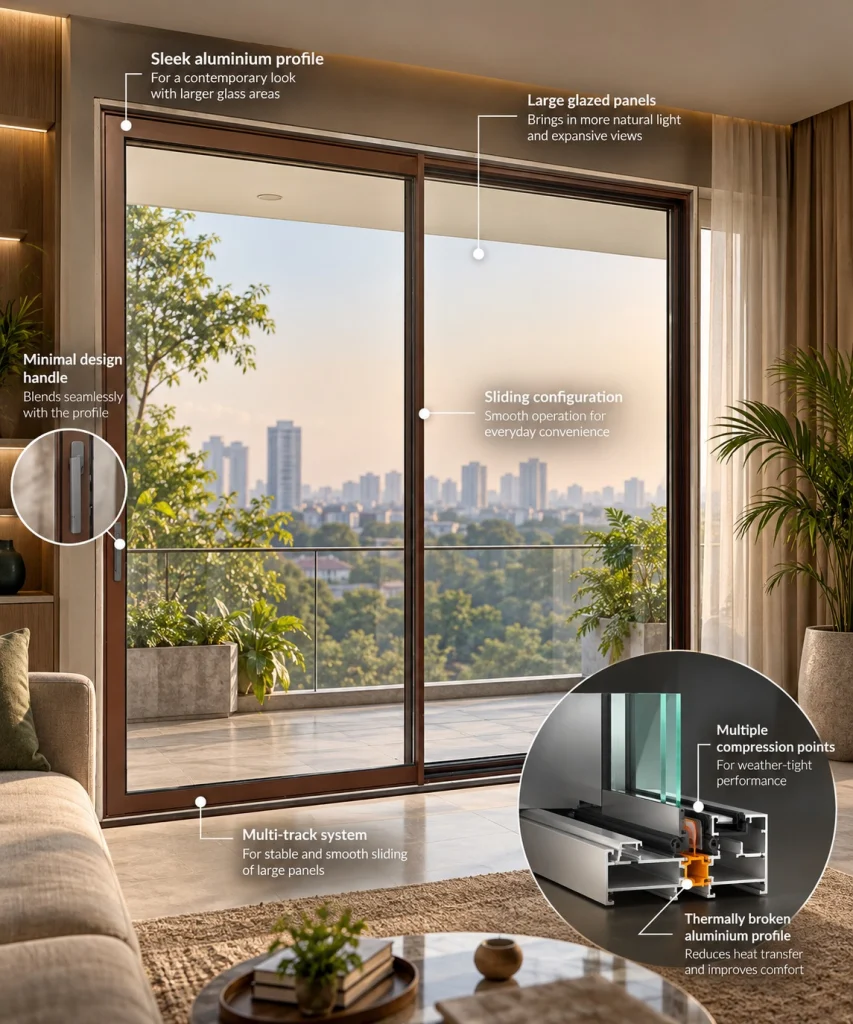 Thermally Broken Aluminium Sliding Window System Thermaline Thermally broken aluminium sliding window with large glazed panels and a detailed profile cross section